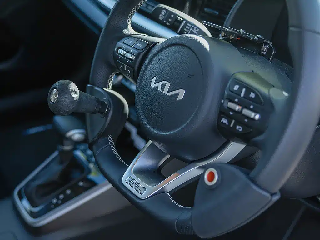 Detail of adaptive spinner knob and hand control devices installed on a Kia vehicle steering wheel.