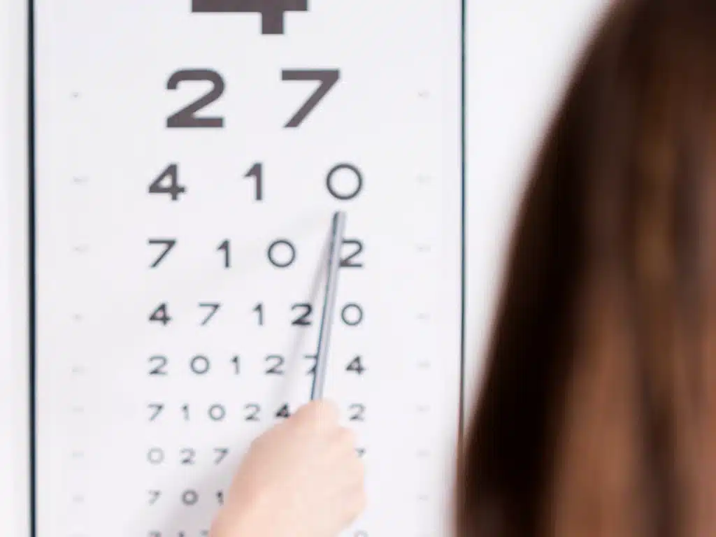 Close-up of a vision test with a clinician pointing to numbers on a visual acuity chart during an eye examination.
