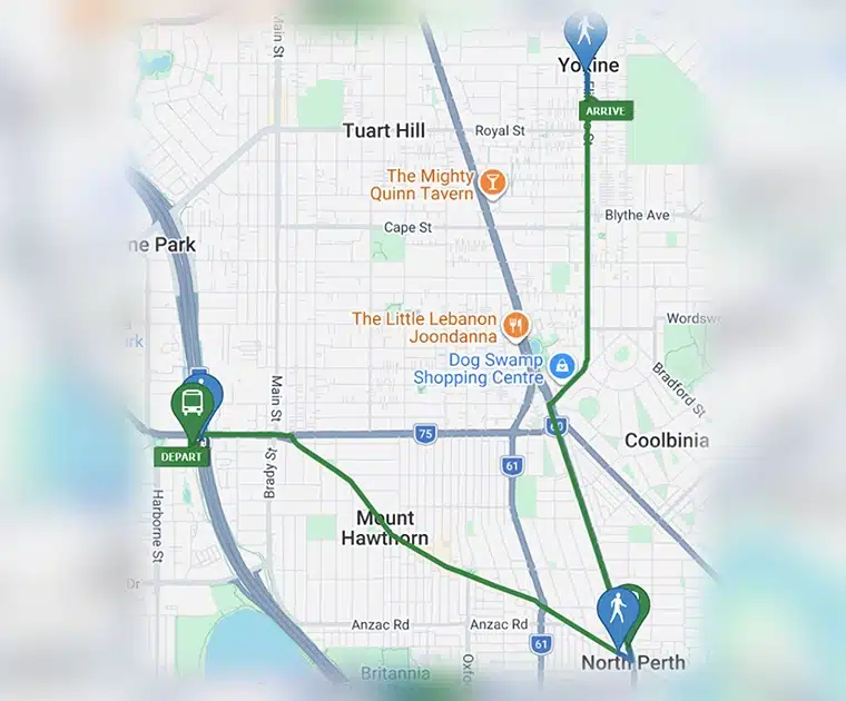 Map showing a public transport route from Perth CBD to Yokine, highlighting a convenient bus connection for accessing Drive On Therapy.