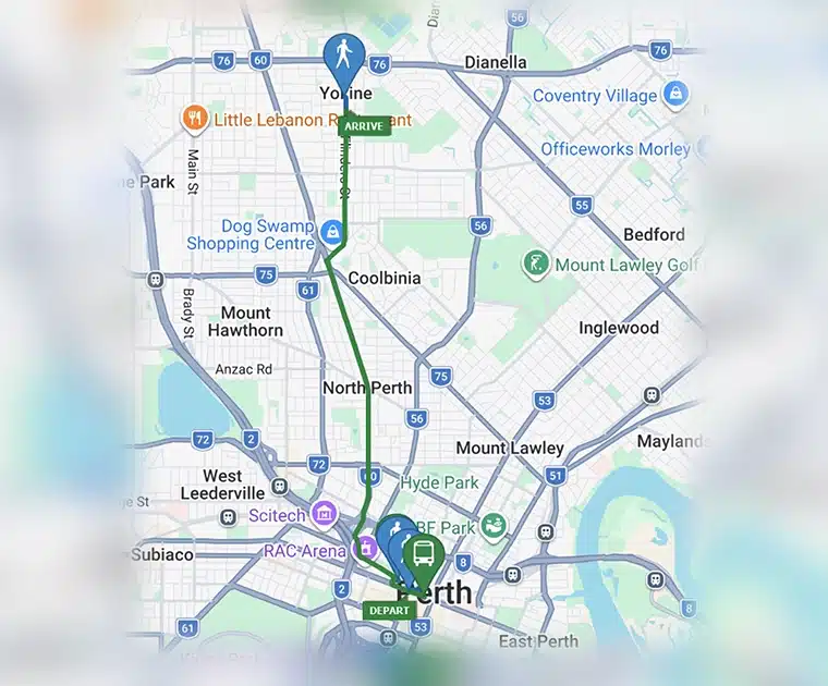 Map showing a public transport route from Perth CBD to Yokine, highlighting a convenient bus connection for accessing Drive On Therapy.