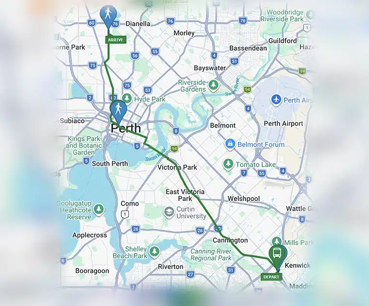 Map showing a public transport route from Perth CBD to Yokine, highlighting a convenient bus connection for accessing Drive On Therapy.