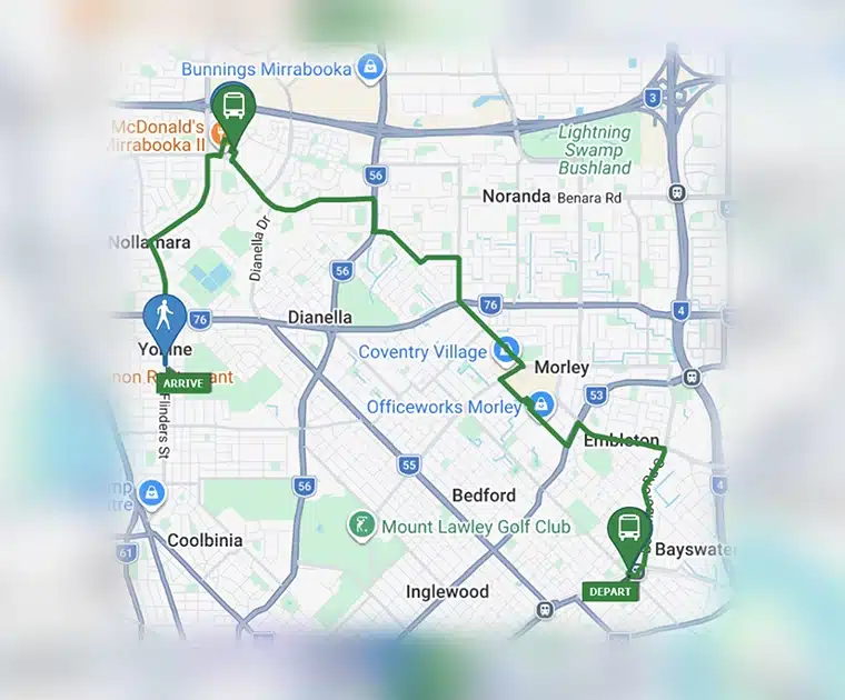 Map showing a public transport route from Perth CBD to Yokine, highlighting a convenient bus connection for accessing Drive On Therapy.