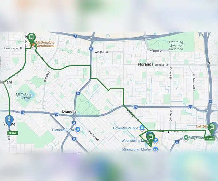 Map showing a public transport route from Perth CBD to Yokine, highlighting a convenient bus connection for accessing Drive On Therapy.