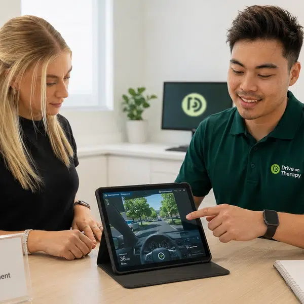 A occupational therapist demonstrating a tablet-based driving assessment simulator to a client during a consultation in a modern clinical office. The therapist points to the driving simulation displayed on the iPad while discussing the assessment, with Drive On Therapy branding visible throughout the room.