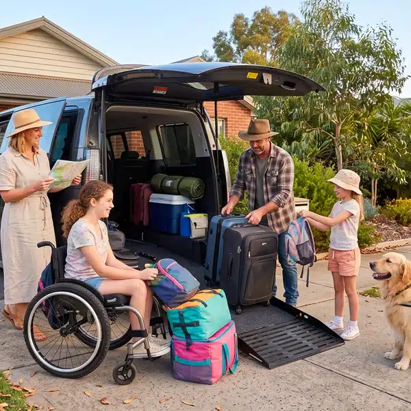 Wheelchair user boards a family minivan via a fold-out rear ramp while relatives load luggage, illustrating accessible travel and vehicle adaptations.